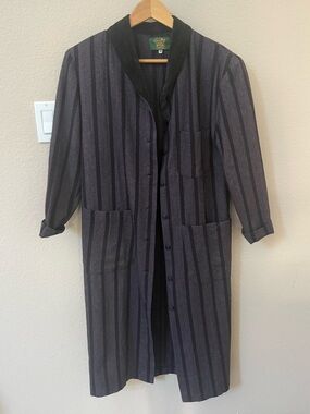 Vintage Made in Italy Striped Wool Duster Coat Velvet Collar M Dark Academia